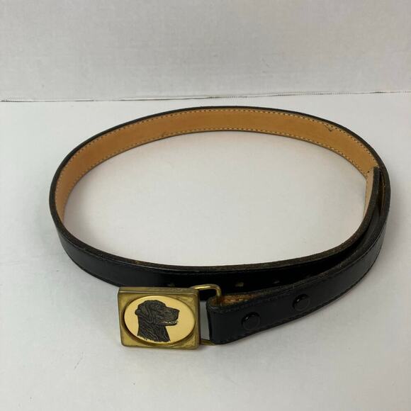 Barlow Vintage Belt Brass Buckle with Dog Black Leather Hunting Retro Sz XS-S - Picture 6 of 16